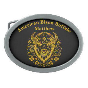 Gold Bison With Floral Design Belt Buckle