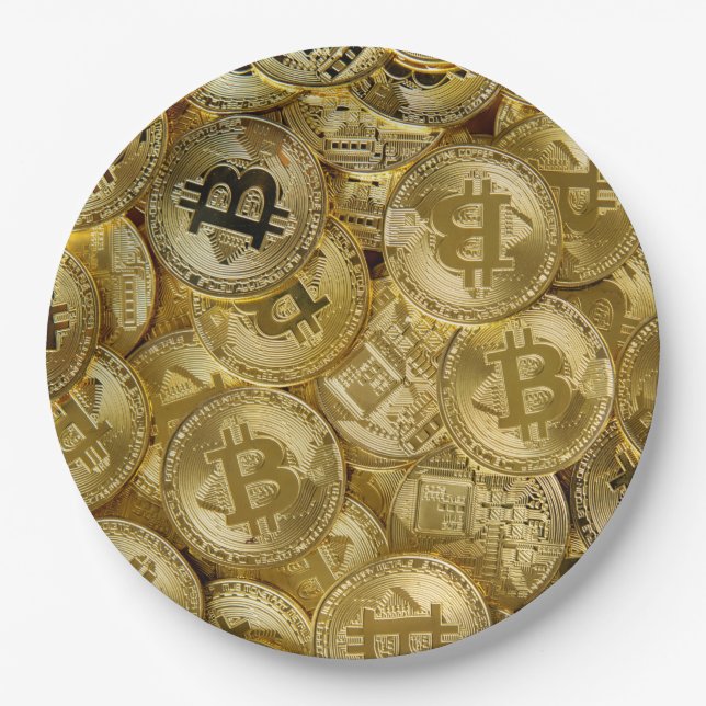 Gold Bitcoin BTC Cryptocurrency Coin Pattern Paper Plates (Front)