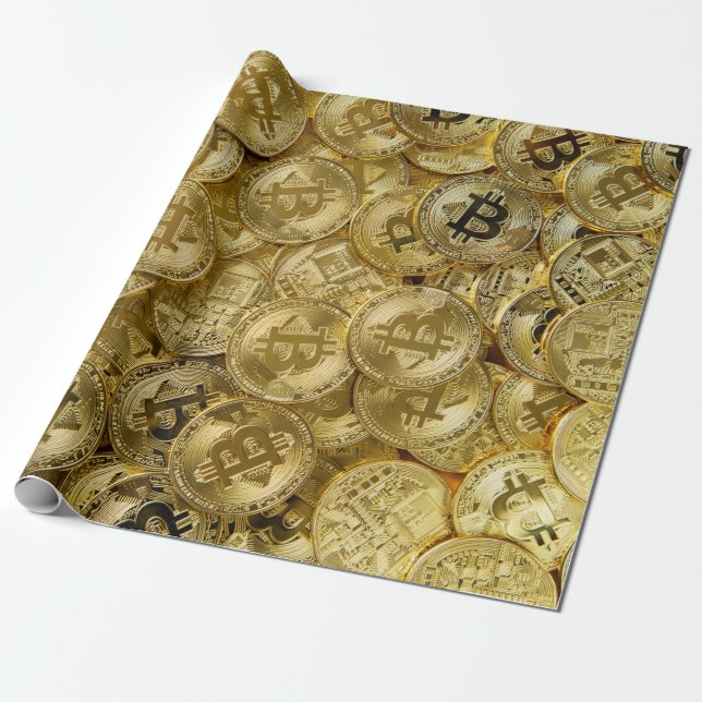 Gold Bitcoin BTC Cryptocurrency Coin Pattern Wrapping Paper (Unrolled)