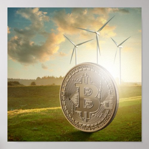 Gold Bitcoin Crypto BTC Wind Turbines Landscape Poster