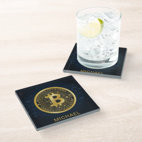 Gold Bitcoin Cryptocurrency Personalized Name Glass Coaster