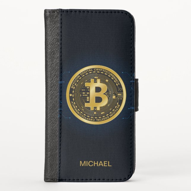 Gold Bitcoin Cryptocurrency Personalized Name iPhone Wallet Case (Front)