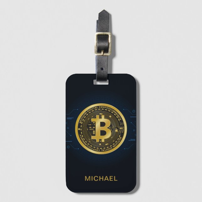 Gold Bitcoin Cryptocurrency Personalized Name Luggage Tag (Front Vertical)