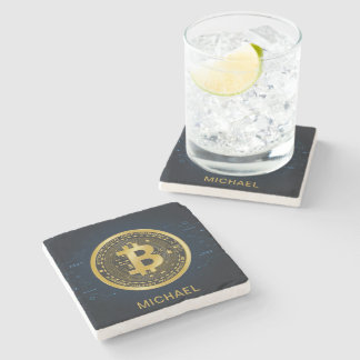 Gold Bitcoin Cryptocurrency Personalized Name Stone Coaster