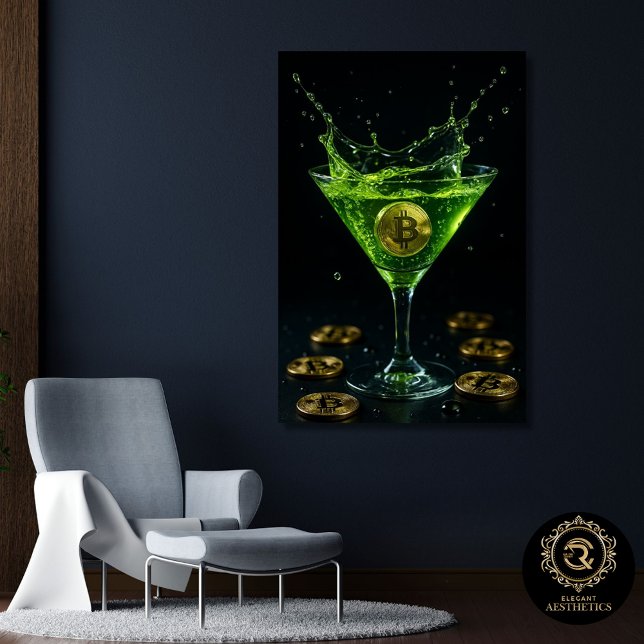 Gold Bitcoin Neon Green Martini Framed Canvas Print (Creator Uploaded)