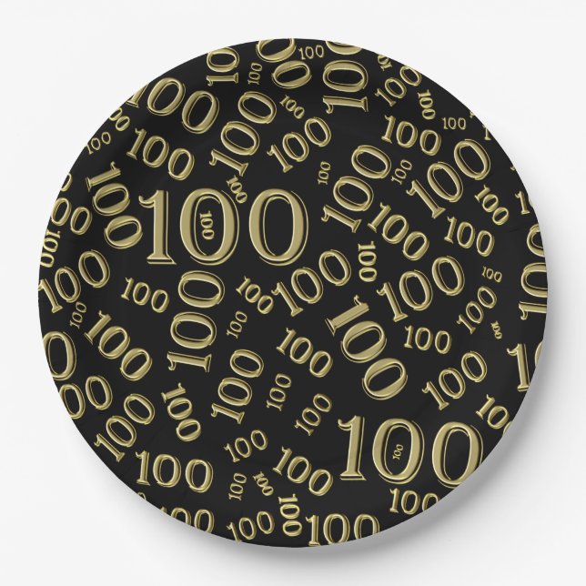 Gold/Black 100th Birthday Party Number Pattern Paper Plates (Front)