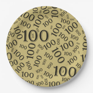 Gold/Black 100th Birthday Party Number Pattern Paper Plates
