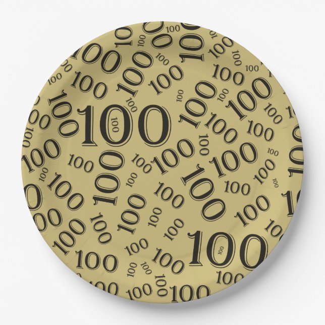Gold/Black 100th Birthday Party Number Pattern Paper Plates (Front)