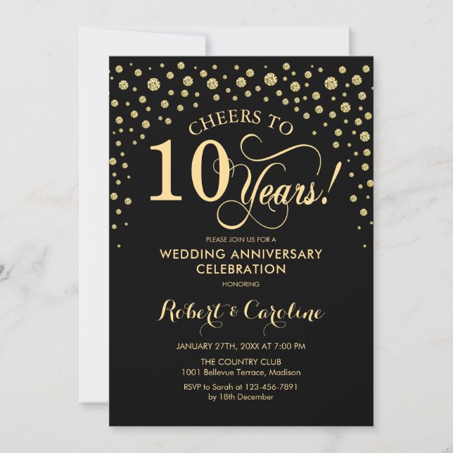 Gold Black 10th Anniversary Celebration Invitation (Front)