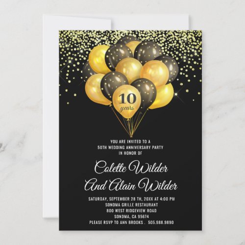 Gold Black 10th Wedding Anniversary Invitation