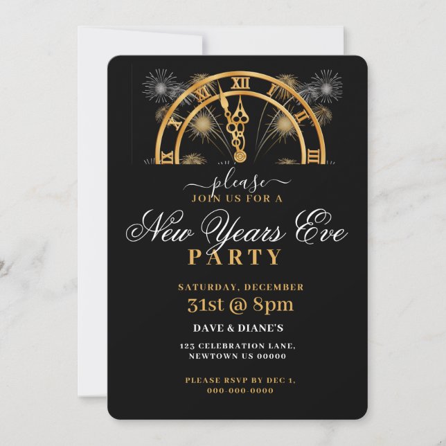 GOLD & BLACK, 12 0'CLOCK, NEW YEARS PARTY INVITATION (Front)