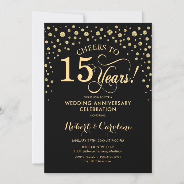 Gold Black 15th Anniversary Celebration Invitation (Front)