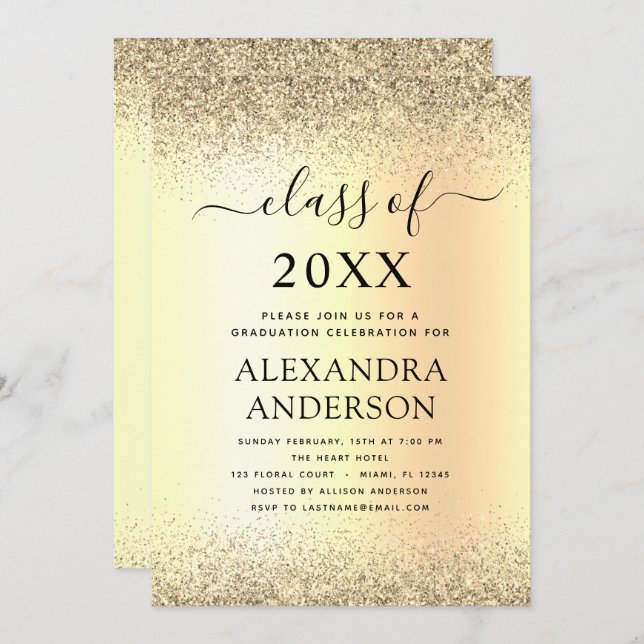 Gold Black 2022 Graduation Party Glitter Invitation (Front/Back)