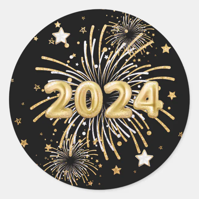 Gold Black 2024 New Year's Party Classic Round Sticker | Zazzle