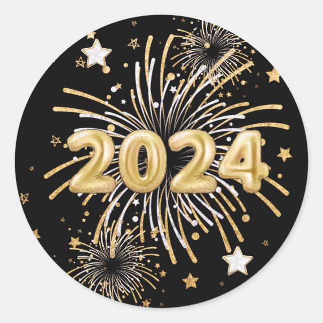 Gold Black 2024 New Year's Party  Classic Round Sticker (Front)