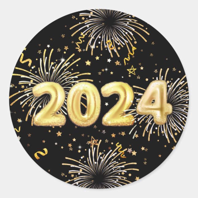 Gold Black 2024 New Year's Party Classic Round Sticker (Front)