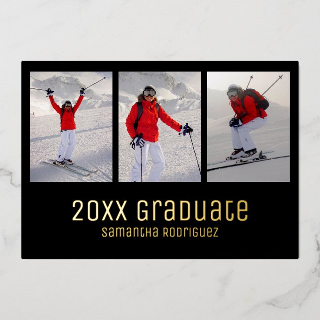 Gold Black 2025 Graduate 3 Photo Graduation Party Foil Invitation (Front)