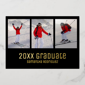 Gold Black 2026 Graduate 3 Photo Graduation Party Foil Invitation