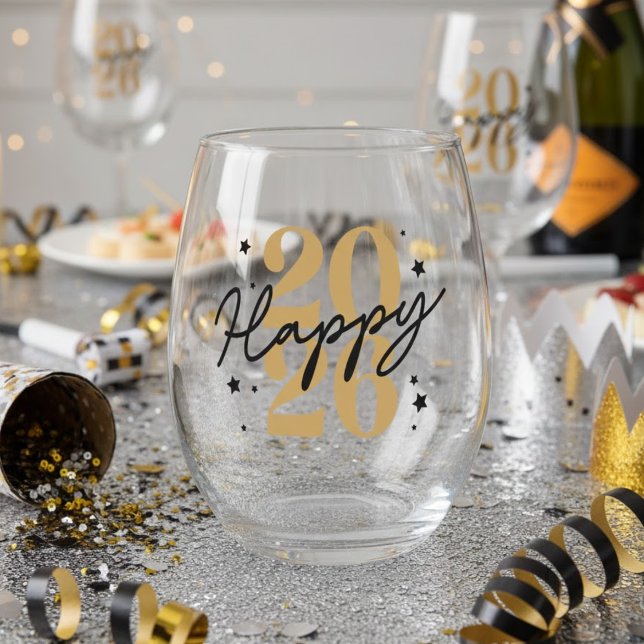 Gold Black 2026 Happy New Year Stemless Wine Glass (Creator Uploaded)