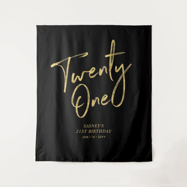 Gold & Black 21st Birthday Party Backdrop Tapestry (Front)