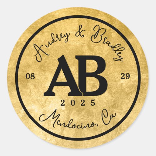 Gold Black 2 Letter Monogram Wedding Classic Round Sticker