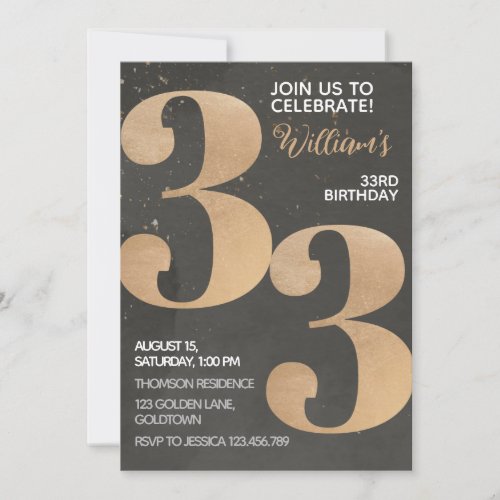 Gold Black 33rd Birthday Invitation