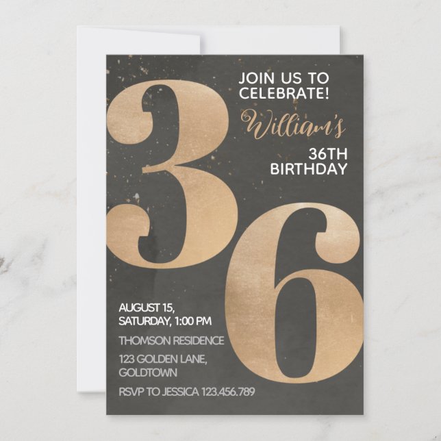 Gold Black 36th Birthday Invitation (Front)