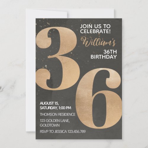 Gold Black 36th Birthday Invitation