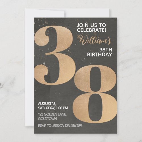 Gold Black 38th Birthday Invitation