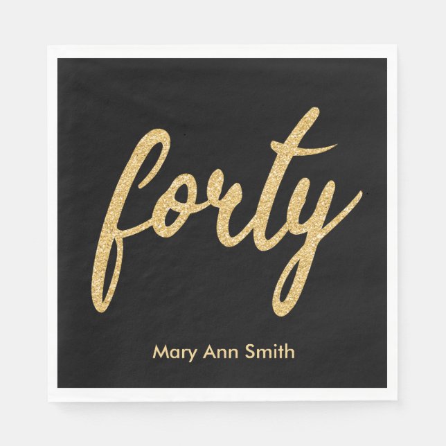 Gold Black 40 Birthday Party Glitter "Forty" Napkins (Front)