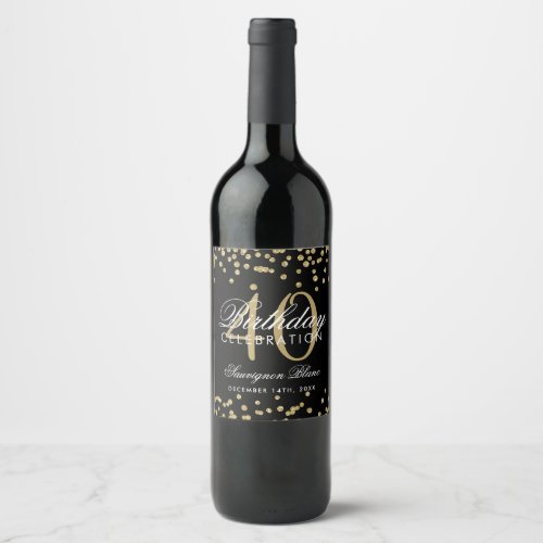 Gold Black 40th Birthday Glitter Confetti Wine Label