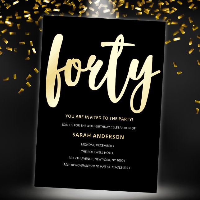 Gold Black 40th Birthday Party  Foil Invitation (Creator Uploaded)