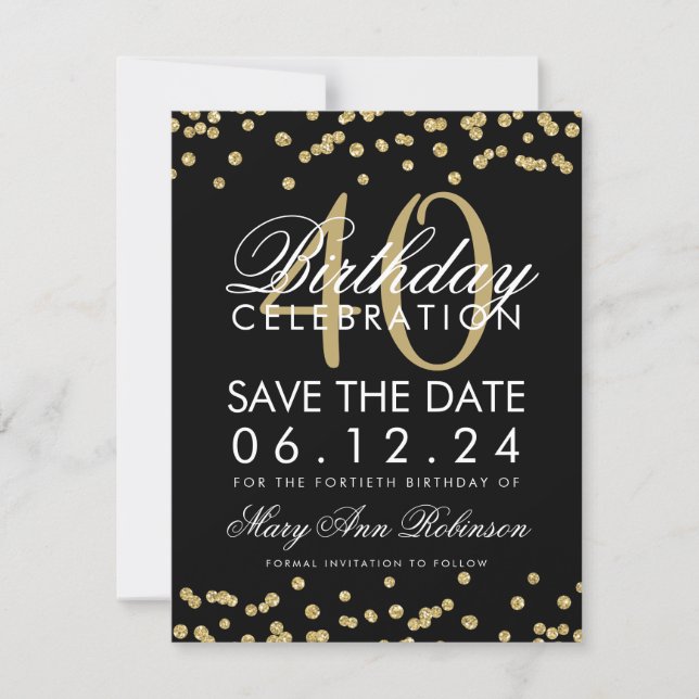 Gold Black 40th Birthday Save the Date Confetti (Front)