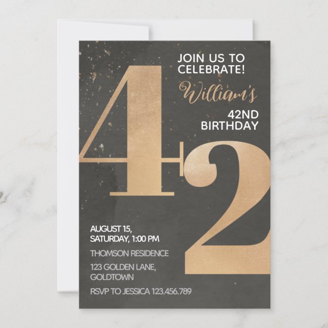 Gold Black 42nd Birthday Invitation (Front)