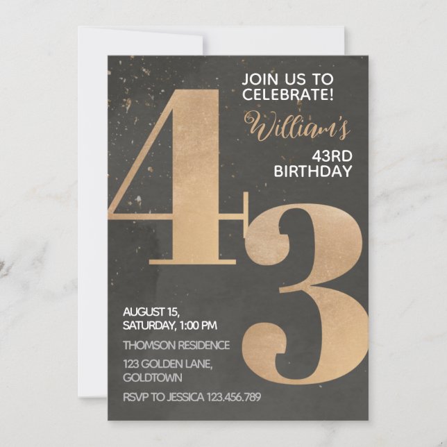 Gold Black 43rd Birthday Invitation (Front)