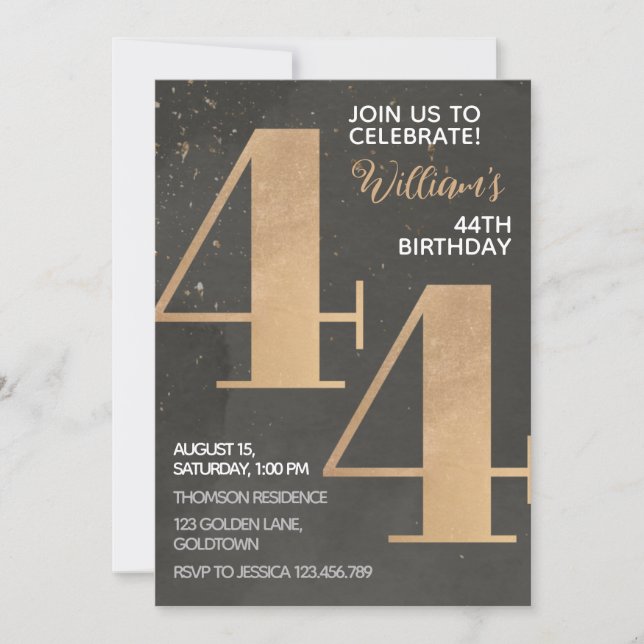 Gold Black 44th Birthday Invitation (Front)