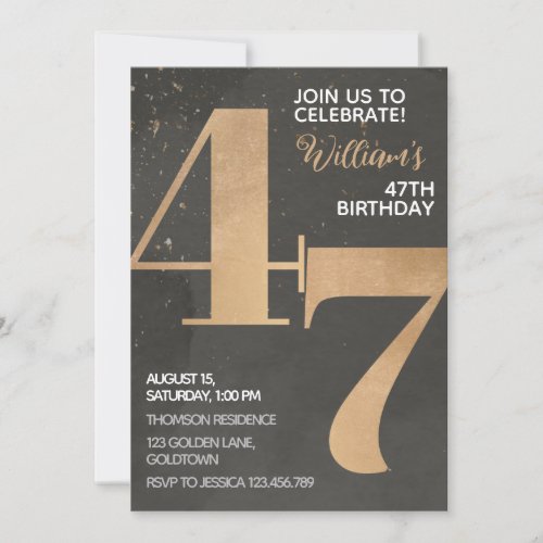 Gold Black 47th Birthday Invitation