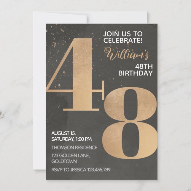 Gold Black 48th Birthday Invitation (Front)