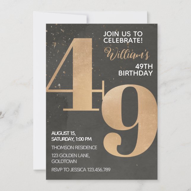 Gold Black 49th Birthday Invitation (Front)