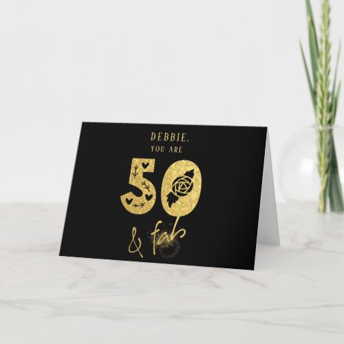 Gold Black 50 and Fab Decorative Script Birthday Invitation