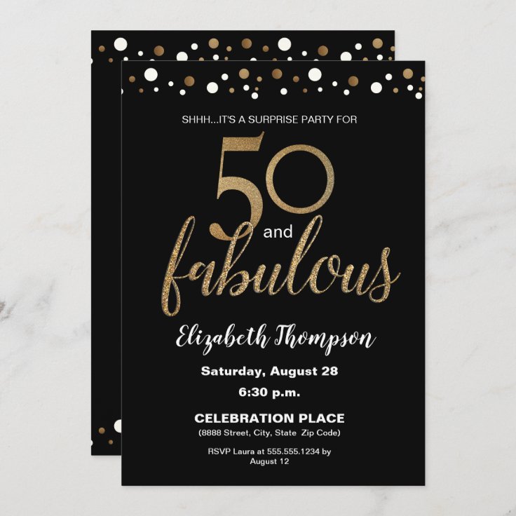 Gold Black 50 And Fabulous Surprise Birthday Party Invitation | Zazzle