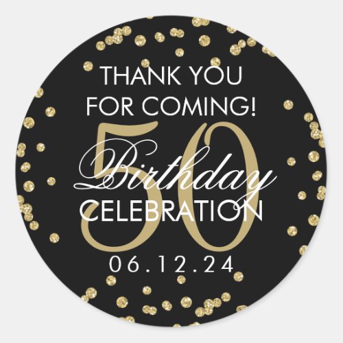 Gold Black 50 Birthday Thank You Glitter Confetti Classic Round Sticker