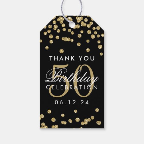 Gold Black 50 Birthday Thank You Glitter Confetti Gift Tags