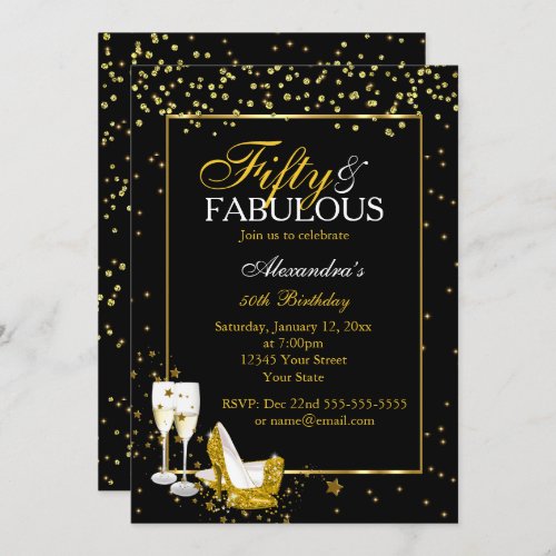 Gold Black 50 Fabulous Birthday champagne party Invitation