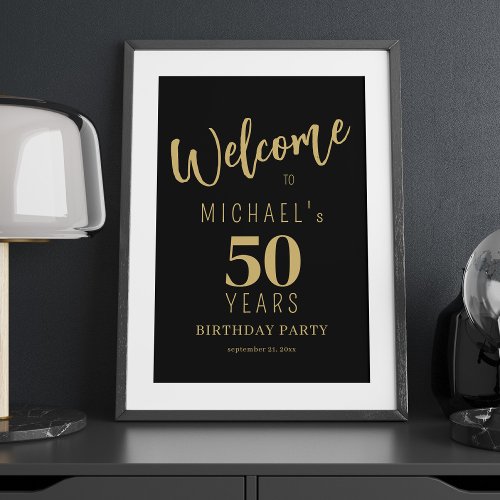 Gold black 50 years birthday party welcome sign