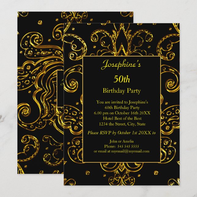 Gold Black 50th 60th 70th Birthday   Invitation (Front/Back)