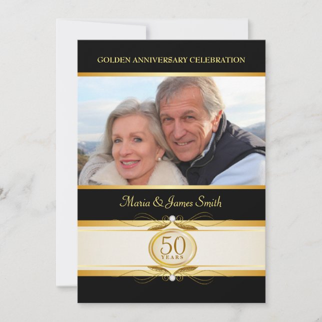 Gold Black 50th Anniversary Monogram Invitations (Front)