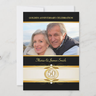 Gold Black 50th Anniversary Monogram Invitations