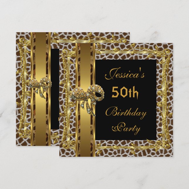 Gold Black 50th Birthday Animal Wild Elegant 3 Invitation (Front/Back)