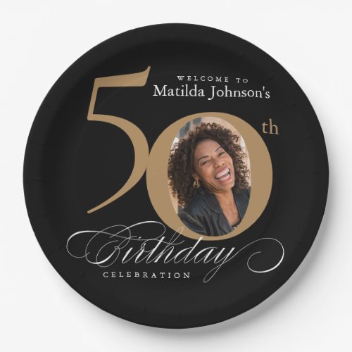  Gold Black 50th Birthday Calligraphy Custom Photo Paper Plates